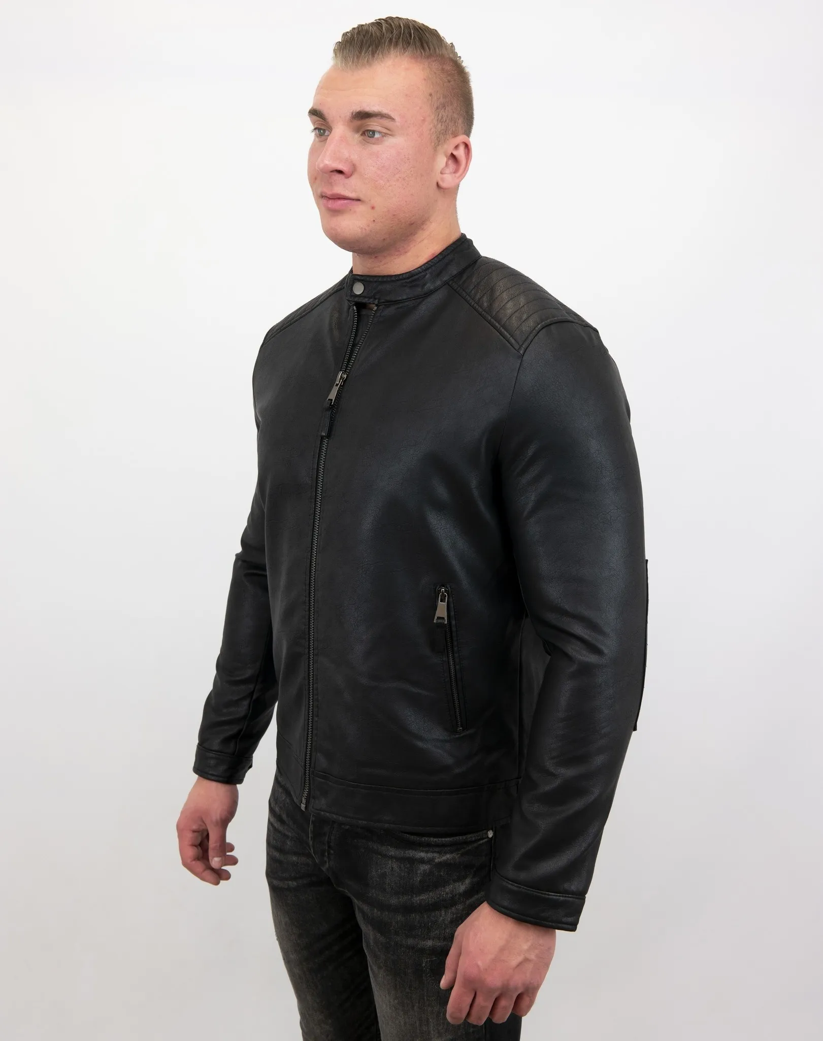 BIKER JAS  NEP LEREN JACK HEREN  ZWART