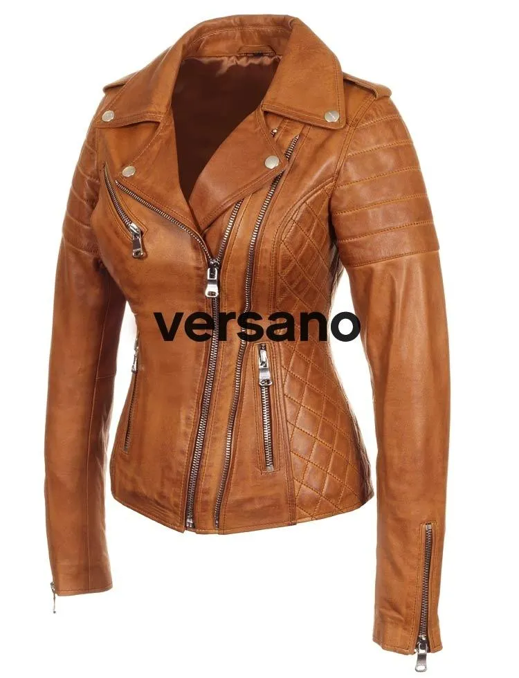 Dames leren biker jack cognac dubbel rits Versano