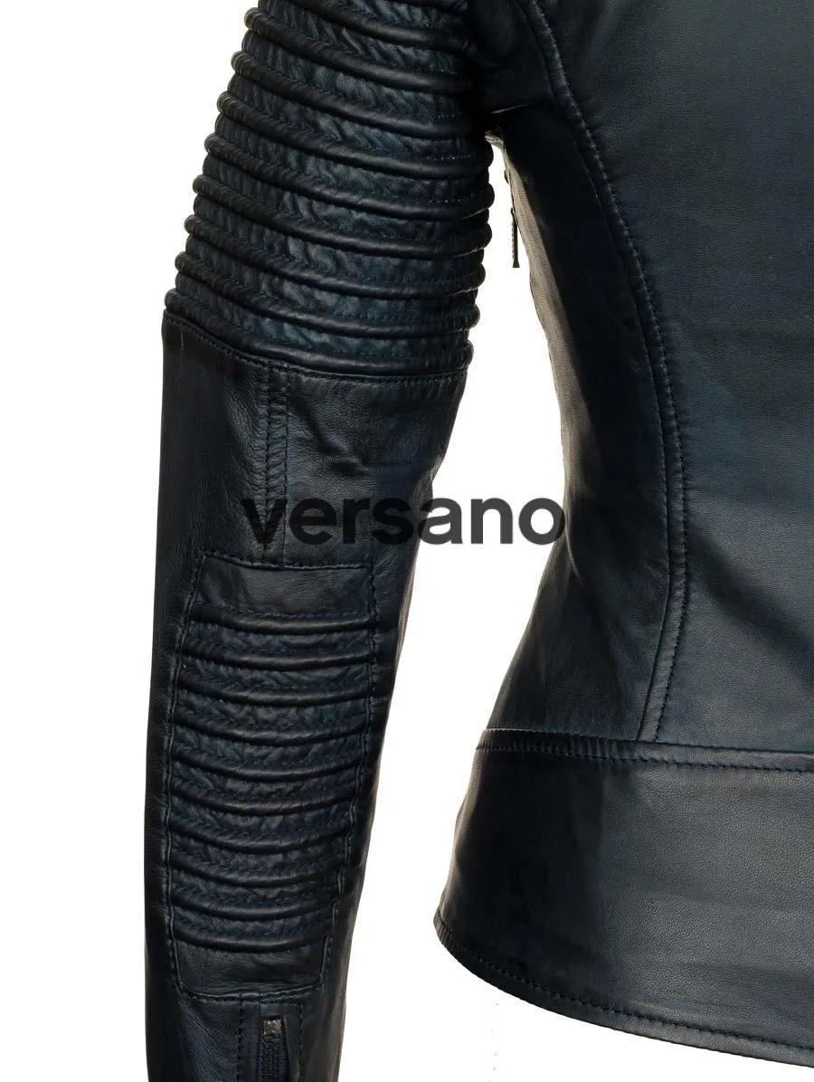 echt leren biker jack dames blauw Versano 343