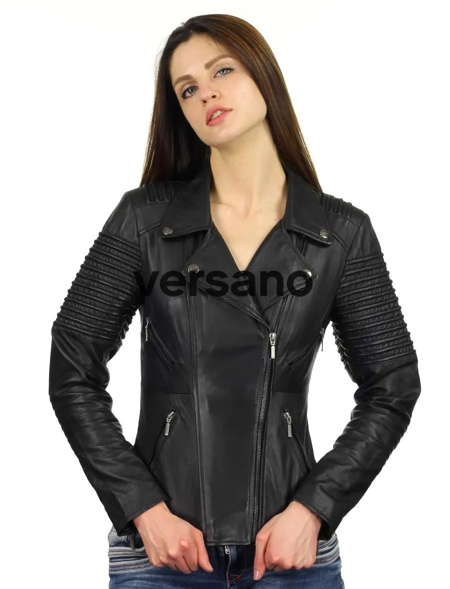echt leren biker jack dames zwart Versano 343