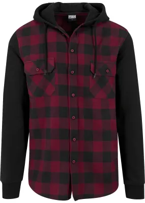 Urban Classics Herren Hemd kariert mit Sweatärmeln und Kapuze schwarz dunkelrot